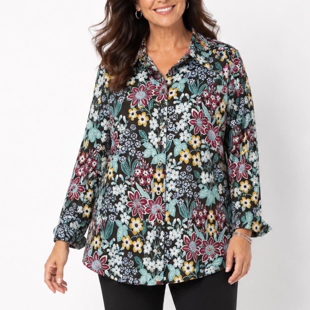 Talbots Plus Womens 1X Brown Floral Cotton Long Sleeve Button Down Shirt VN1427